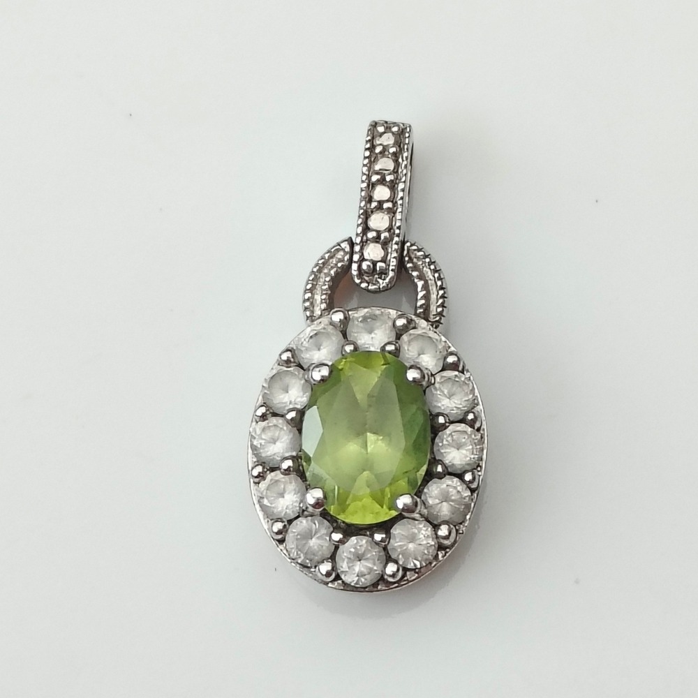 Sterling Silver 925 Green Glass Crystal Oval Halo Stone Pendant Filigree .75"